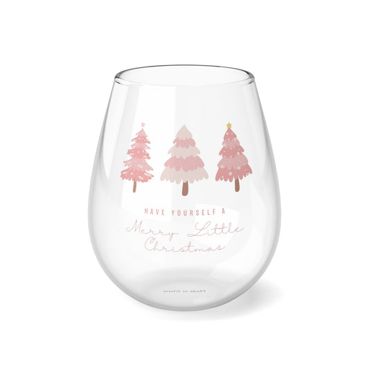 Wine Glass, Pink Christmas Tree Holiday Stemless Wine Glass, Merry Little Christmas Drinking Glass, Xmas Gift, Festive Wine Tumbler, Winter