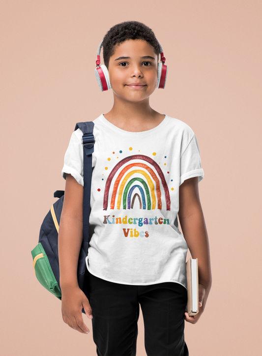 Rainbow Kindergarten Vibes Kids Tee, Fun T-Shirt for School, Summer Camp, Birthday Gift, Playdate Shirt, Rainbow Lover's Apparel