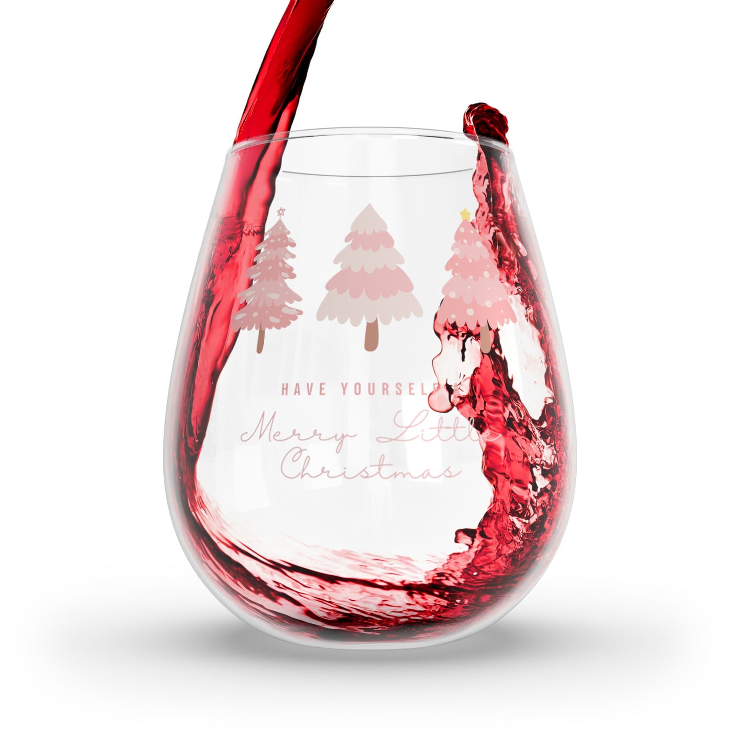 Wine Glass, Pink Christmas Tree Holiday Stemless Wine Glass, Merry Little Christmas Drinking Glass, Xmas Gift, Festive Wine Tumbler, Winter