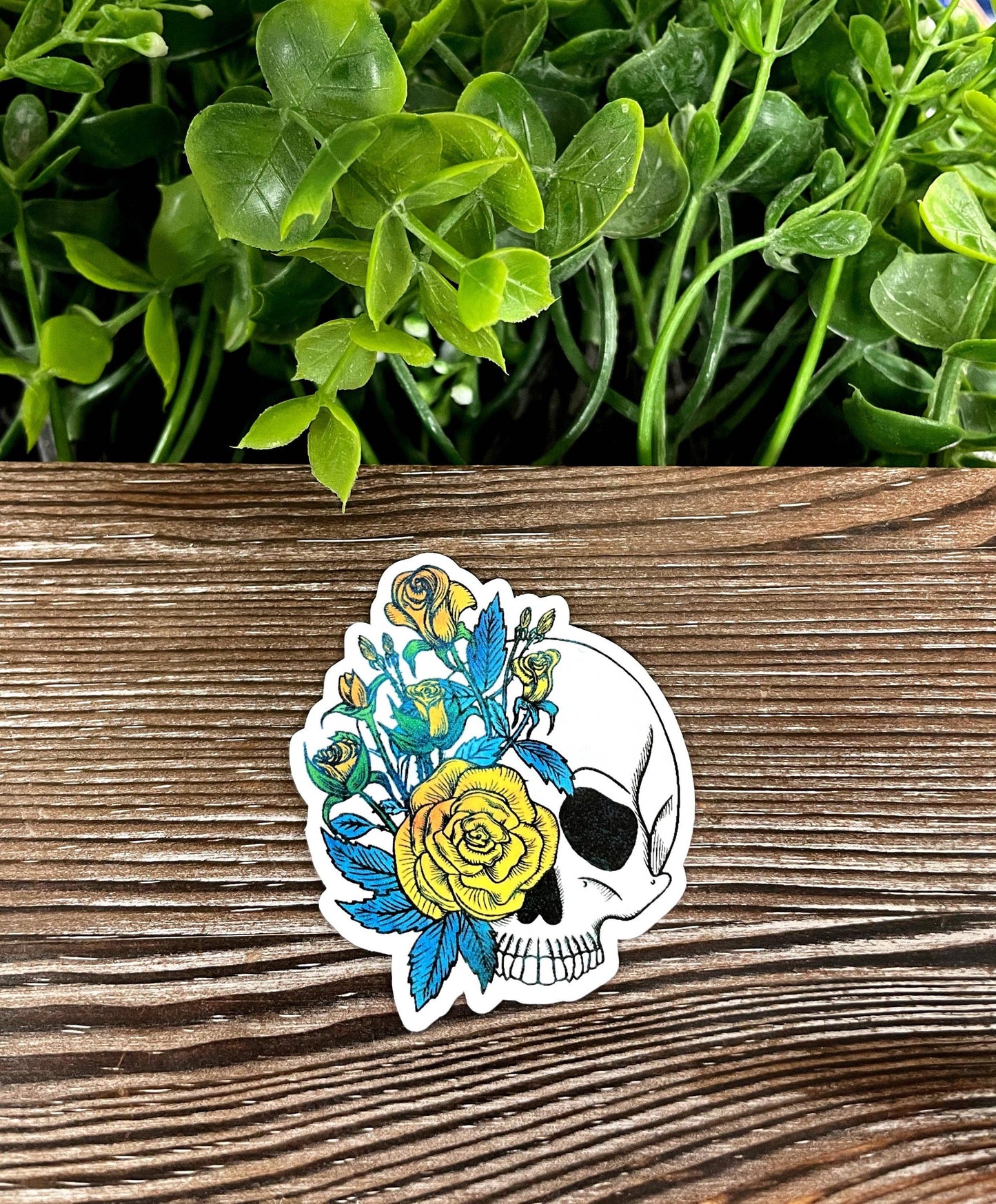 Skull w/ Yellow Flowers, Die Cut Vinyl Sticker, Boho Fun, Water Resistant, Blue Leaves