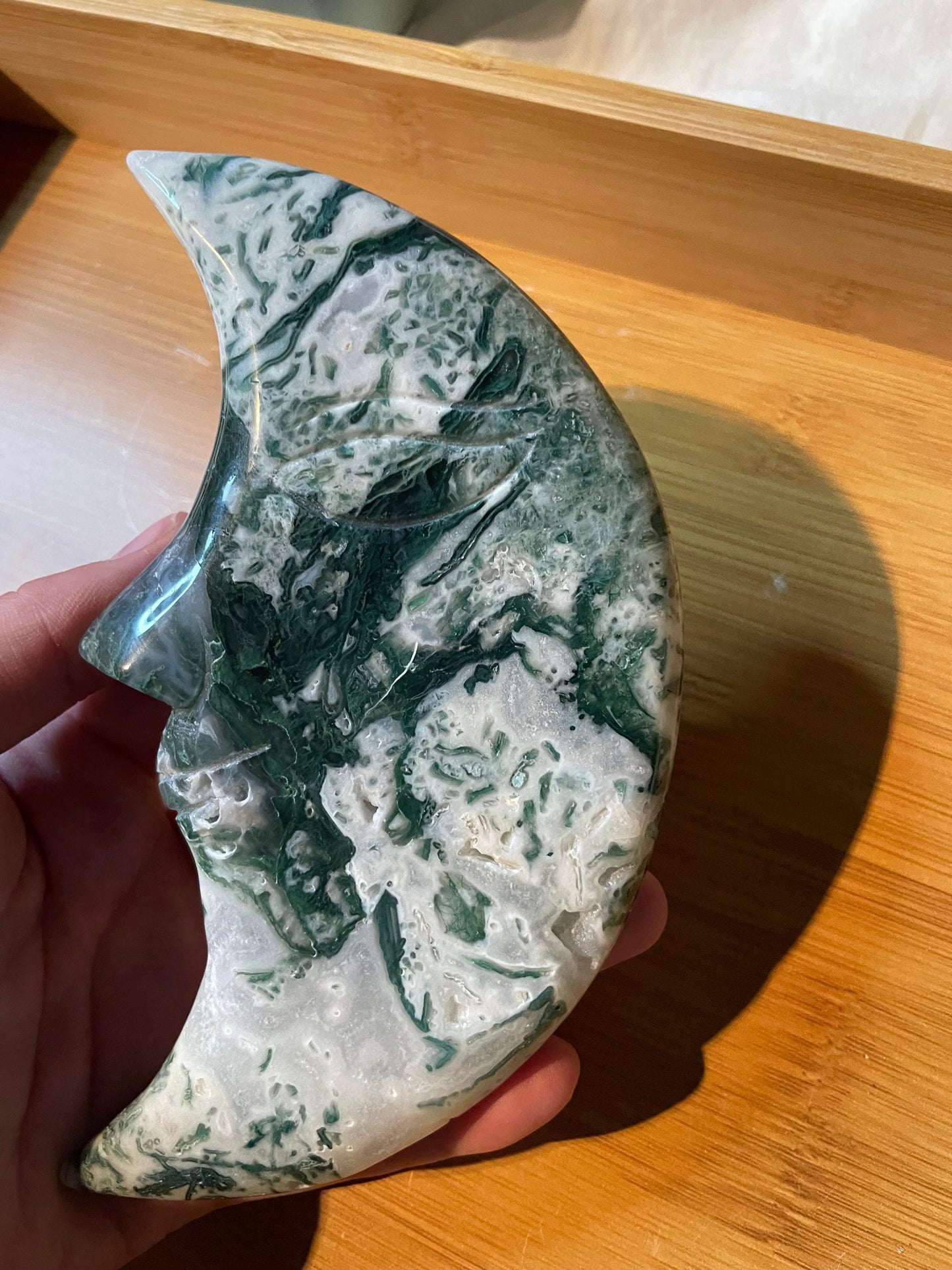 Large moss agate moon carving