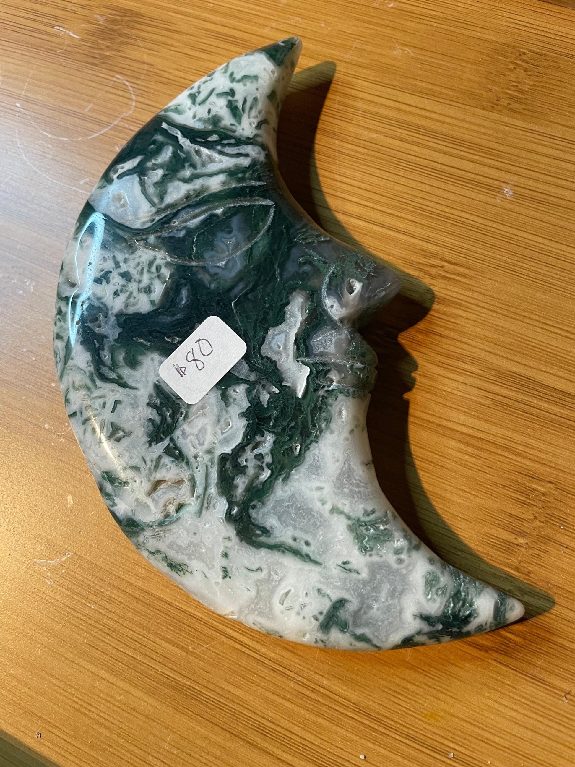 Large moss agate moon carving