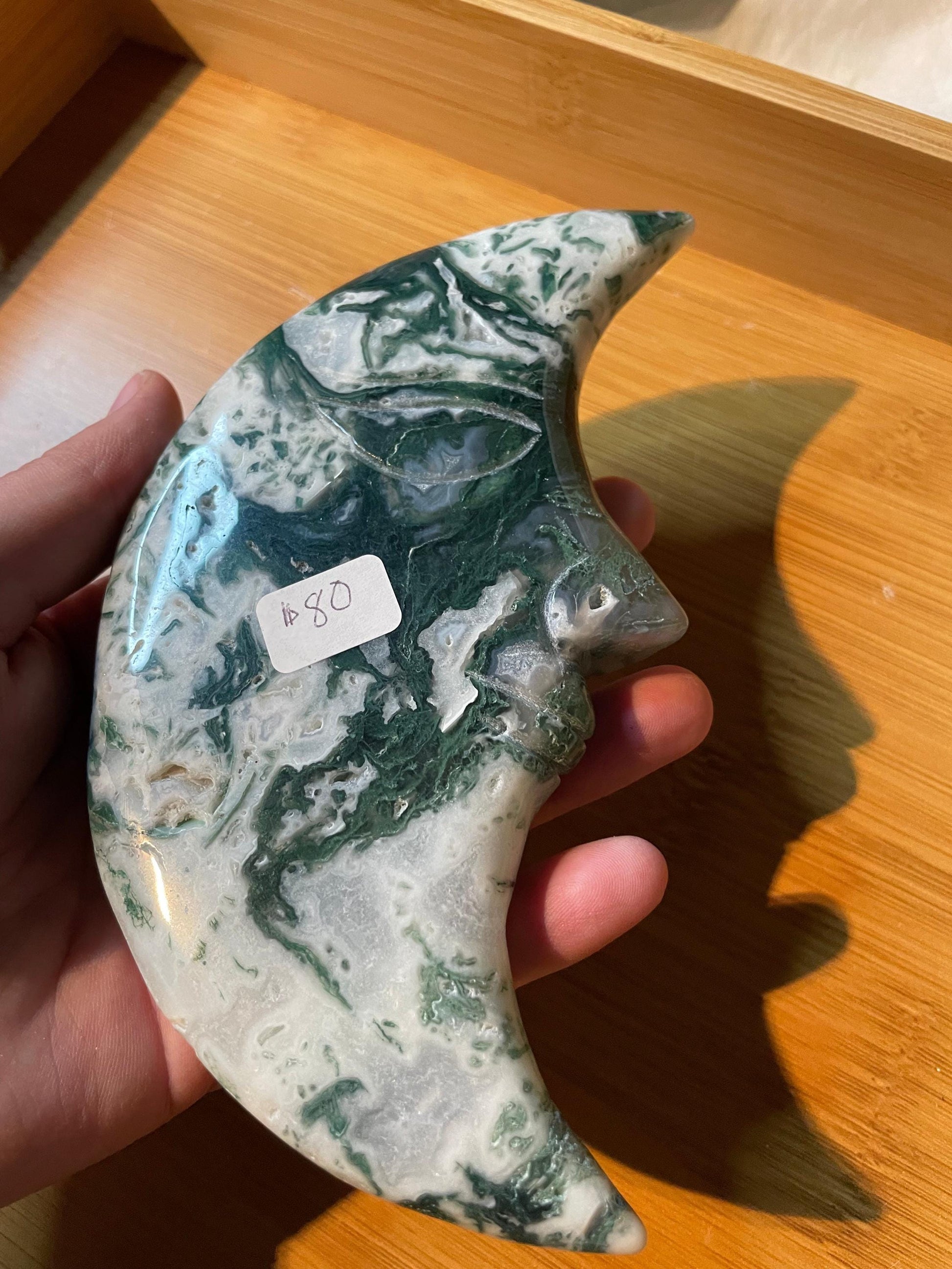 Large moss agate moon carving