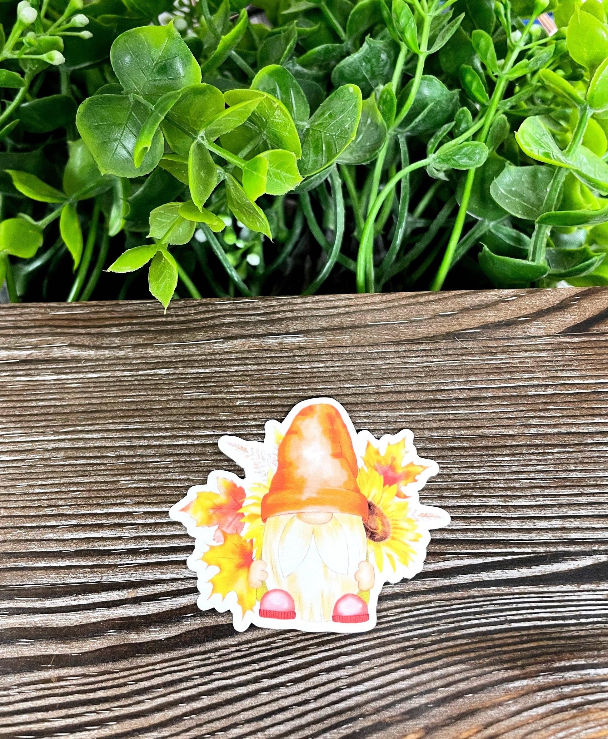 Fall Bearded Gnome w/ Leaves, Die Cut Vinyl Sticker, Boho Fun, Water Resistant, Fall Season Orange Autumn