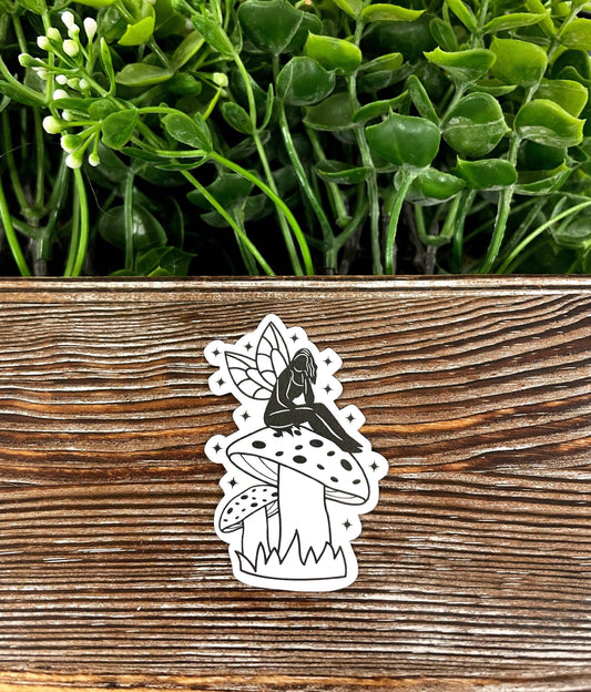 Pensive Fairy Sitting on a Mushroom, Die Cut Vinyl Sticker, Boho Fun, Water Resistant, Toadstool Fungi