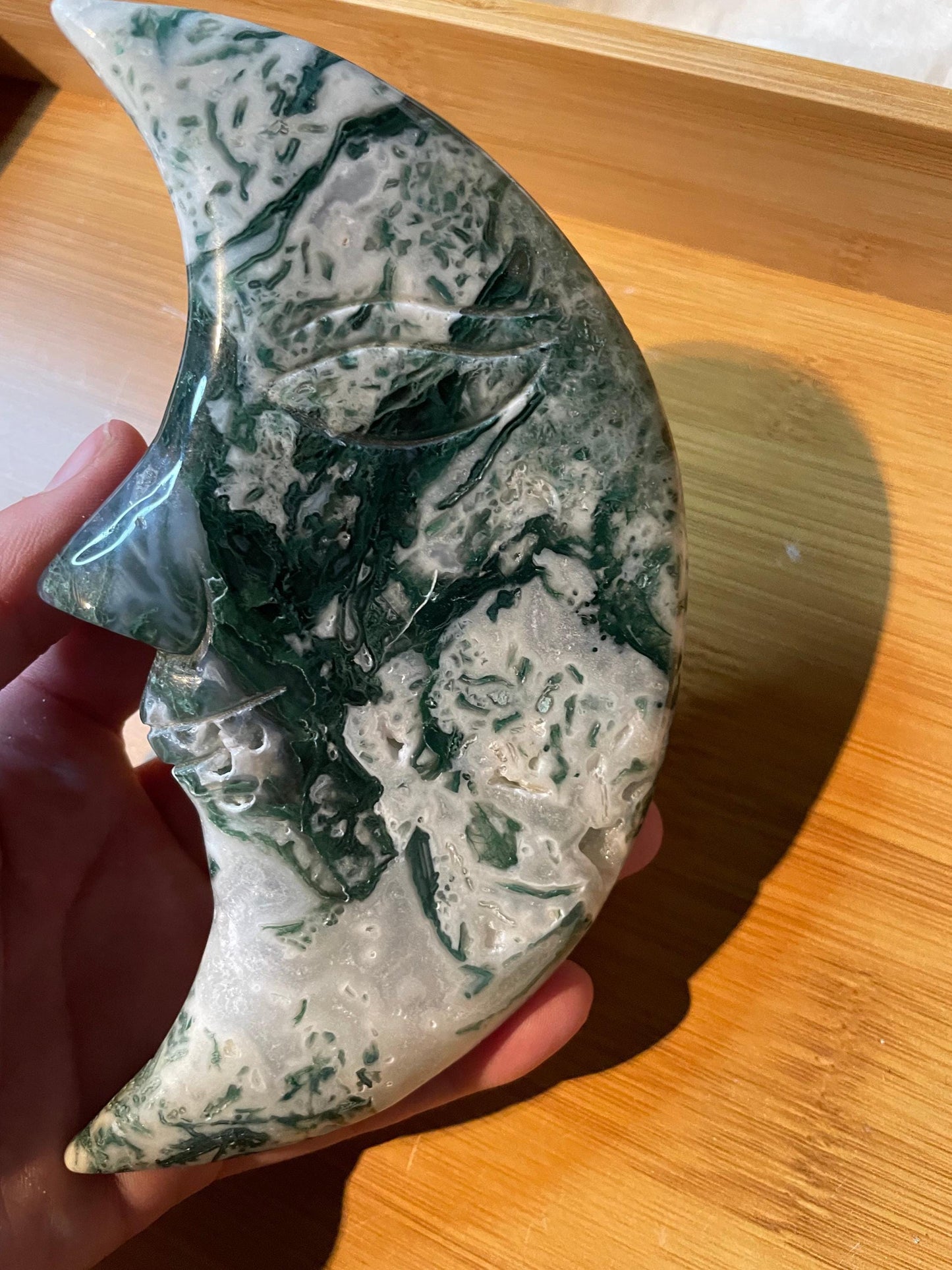 Large moss agate moon carving