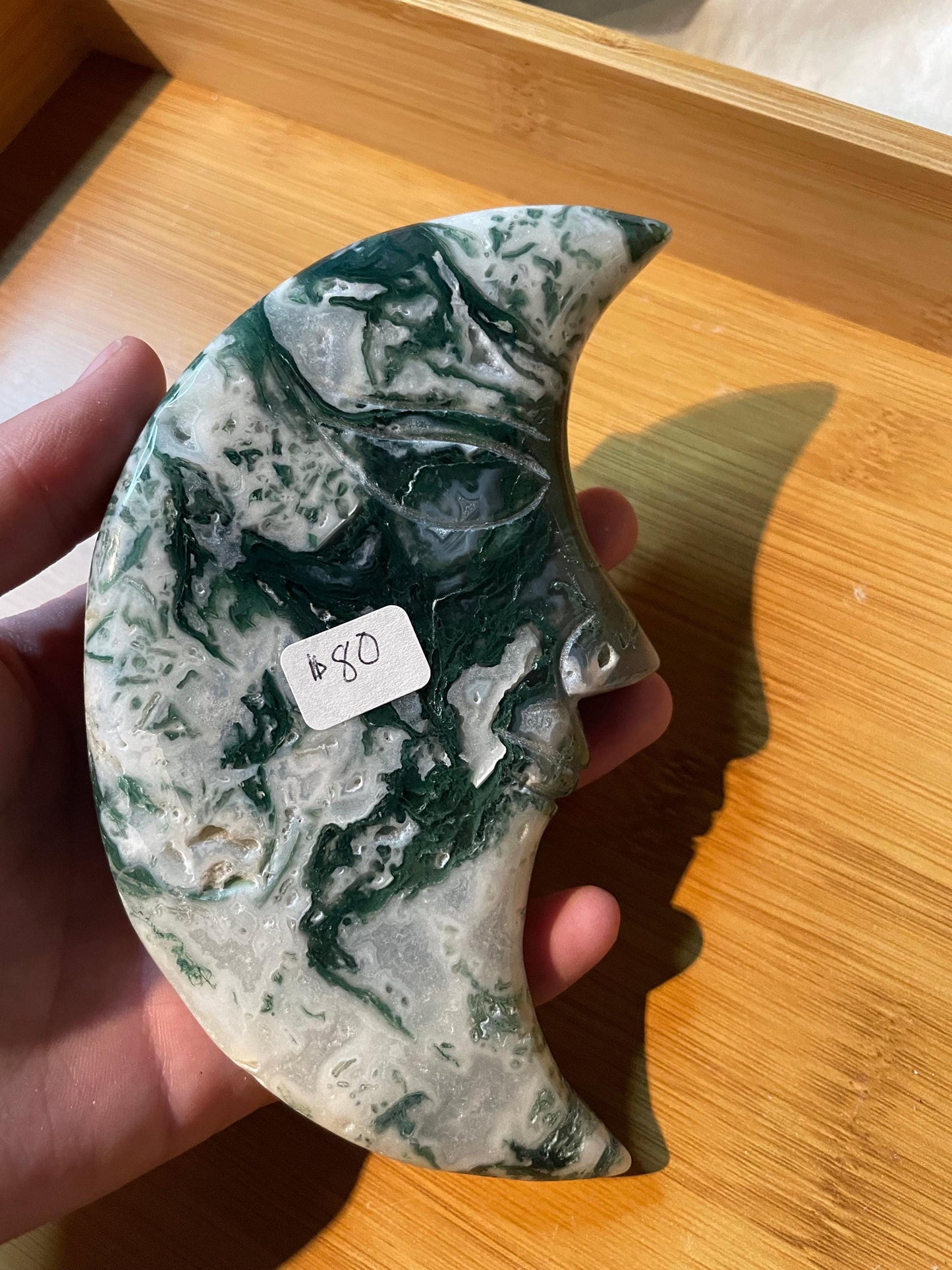 Large moss agate moon carving