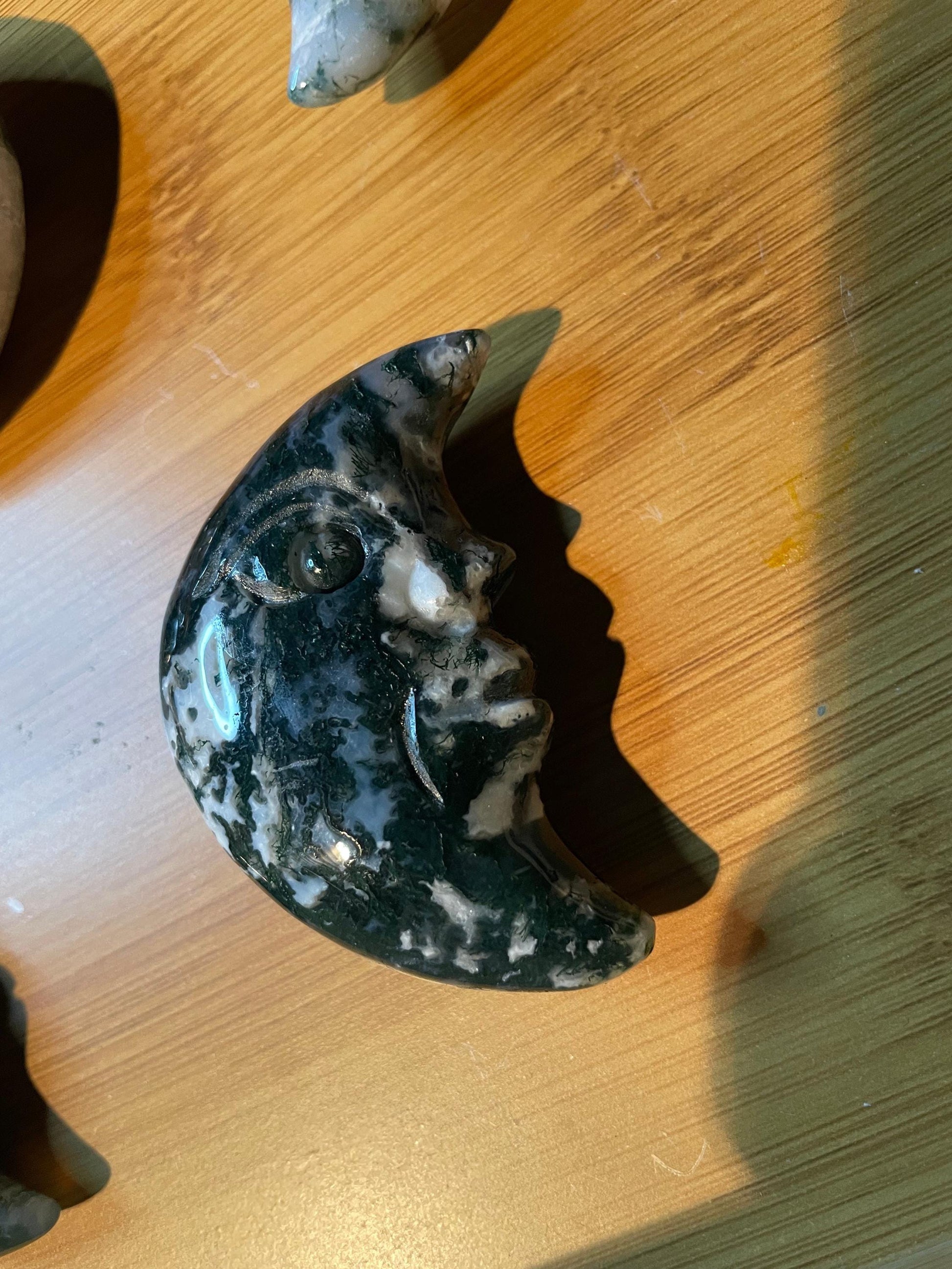 Medium hand carved moss agate moon