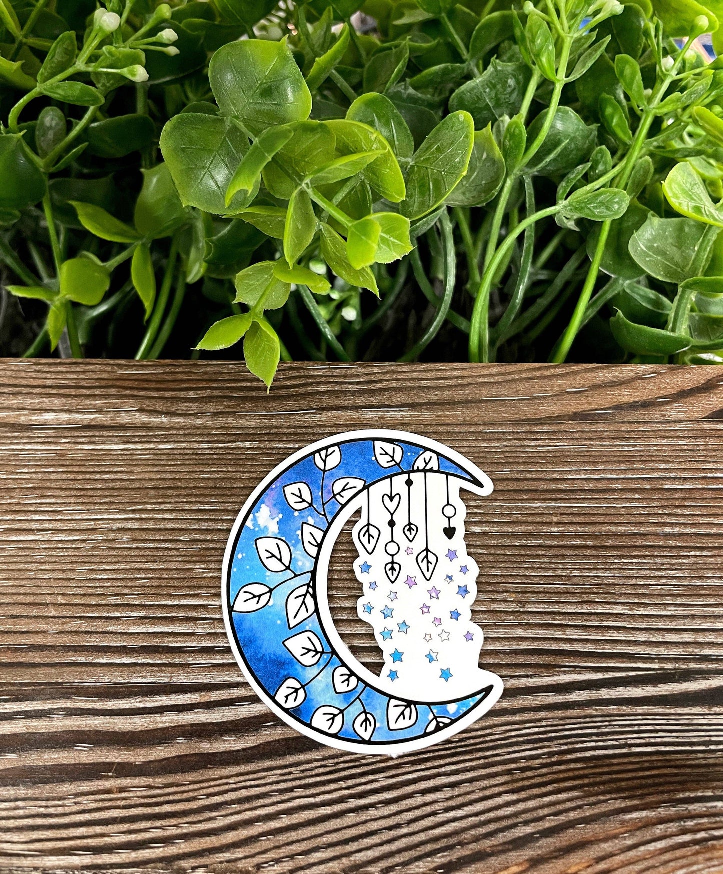 Watercolor Crescent Moon w/ Stars and Leaves, Die Cut Vinyl Sticker, Boho Fun, Water Resistant, Night Sky Moon, Blue