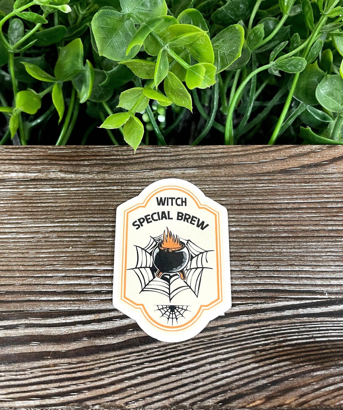 Witch Special Brew Label, Die Cut Vinyl Sticker, Cauldron and Spider, Boho Fun, Water Resistant, Halloween Spooky